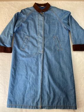 Longline Denim Duster Coat Corduroy Collar Blue Lined made in Macau Size L 14-16